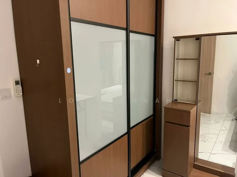 Room features: built-in wardrobe with sliding doors, wooden cabinetry, mirror on cabinet, white walls, marble tile flooring; style: modern.