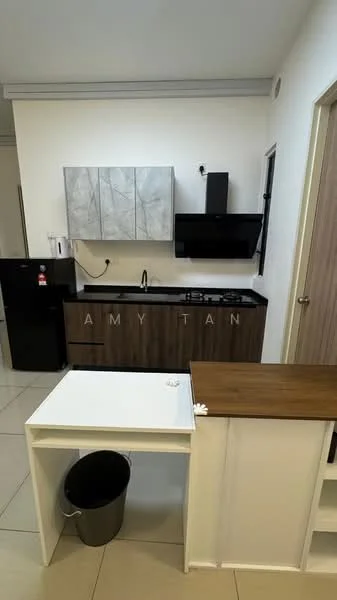Kitchen features: black countertop, wood cabinetry, grey upper cabinets, stainless-steel sink, chrome pull-down faucet, built-in gas stove, black range hood, refrigerator, tile flooring, wall-mounted microwave, open shelving, waste bin; style: modern.