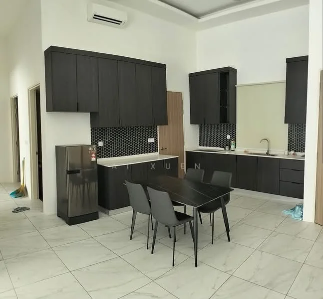Kitchen features: black cabinetry, white countertop, black and white mosaic tile backsplash, stainless-steel fridge, single-bowl stainless-steel sink, chrome pull-down faucet, 4-seater dining table, grey upholstered dining chairs, marble tile flooring, wall-mounted split AC, recessed downlights, open shelving; style: modern.