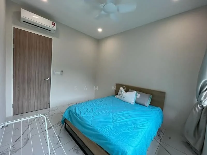 Bedroom features: king-size bed with blue bedding, upholstered headboard, wall-mounted air conditioning unit, light-colored walls, marble tile flooring, ceiling fan, curtains, wooden door; style: modern.