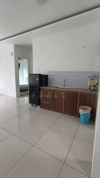 Kitchen features: brown wooden cabinetry, stainless-steel sink, chrome pull-down faucet, white tiled backsplash, black refrigerator, white ceramic tile flooring, recessed downlights, open layout, countertop space, kitchen island, wall-mounted mirror, bucket for waste; style: modern.