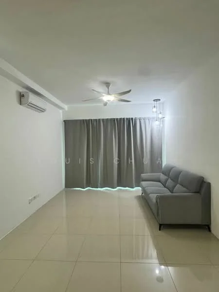 Living features: grey fabric sofa, 5-blade ceiling fan with light, wall-mounted split AC, white painted walls, glossy tile flooring, floor-to-ceiling curtains, recessed lighting, natural light from window; style: modern.
