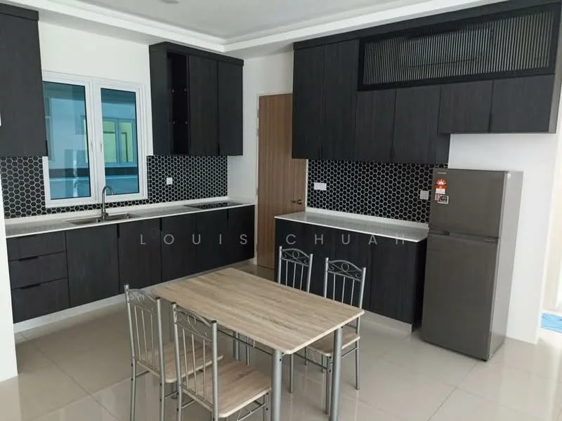 Kitchen features: black cabinetry, white countertop, stainless-steel sink, chrome pull-down faucet, black and white mosaic tile backsplash, built-in refrigerator, 4-seater dining table, metal dining chairs, ceramic tile flooring, window with white frame, wall-mounted cabinets, open layout; style: modern.