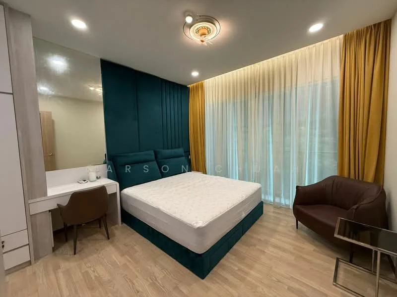 Bedroom features: queen-size bed, upholstered headboard, wooden flooring, floor-to-ceiling windows, sheer curtains, yellow drapes, wall-mounted mirror, built-in wardrobe, chandelier with decorative ceiling rose, accent wall in teal, study desk with chair, armchair in brown leather; style: modern.