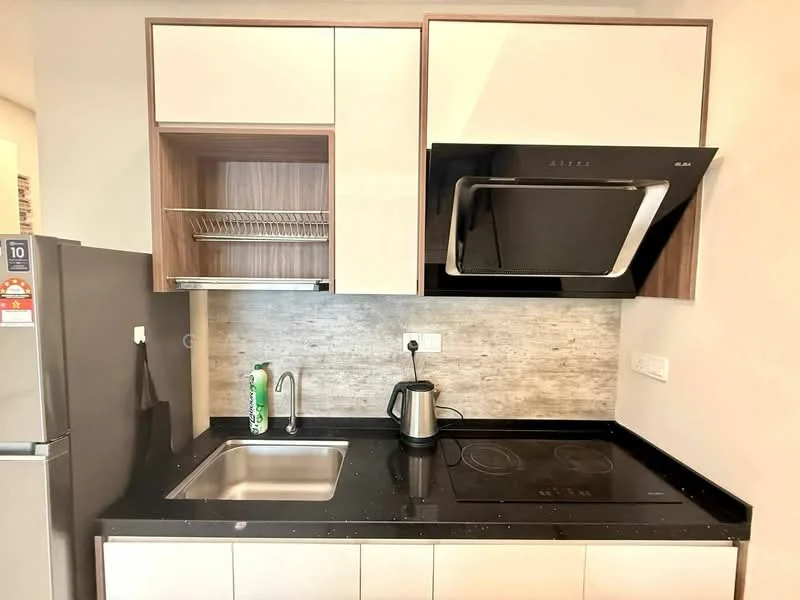 Kitchen features: black granite countertop, white cabinetry with wood accents, built-in stove with induction cooktop, stainless-steel range hood, single-bowl stainless-steel sink, chrome faucet, open shelving above countertop, kettle, refrigerator, textured backsplash; style: modern.