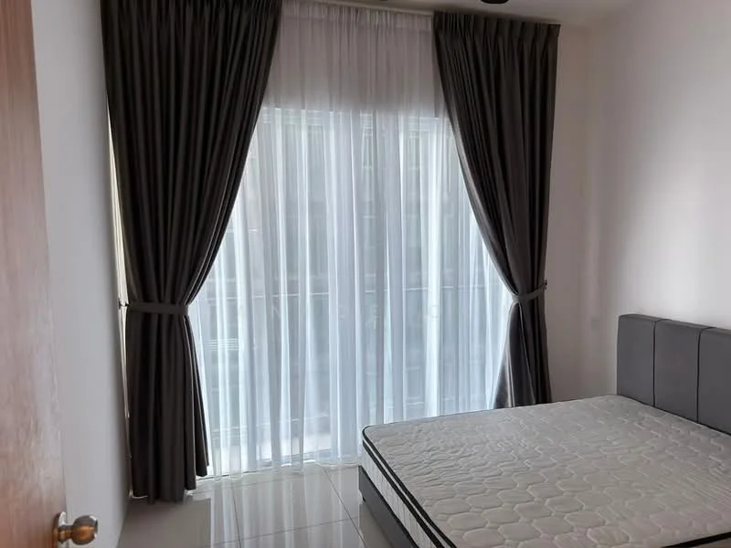Bedroom features: floor-to-ceiling windows, sheer curtains, blackout curtains, grey upholstered headboard, queen-size bed without bedding, glossy tile flooring, white painted walls, recessed downlights; style: modern.