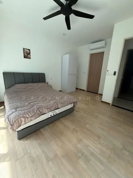 Bedroom features: king-size bed, upholstered headboard, wooden flooring, 5-blade ceiling fan, white painted walls, built-in wardrobe, window with natural light, decorative artwork on wall; style: modern.