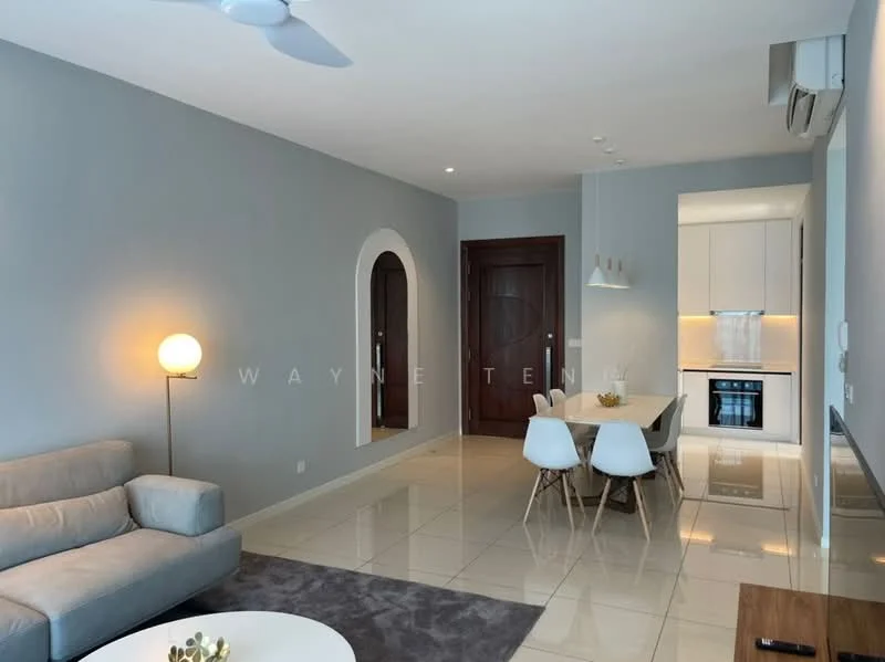 Living features: grey painted walls, glossy tile flooring, 5-blade ceiling fan, sofa in light grey fabric, round coffee table, wall-mounted TV, decorative wall arch, floor lamp, area rug; style: modern. Dining features: dining table with white surface, 4 white dining chairs, pendant light above table; style: modern. Kitchen features: white cabinetry, built-in oven, stainless-steel fridge, countertop with backsplash, induction hob; style: modern.