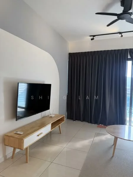 Living features: light grey painted walls, white ceiling, 5-blade ceiling fan, flat-screen TV mounted on wall, wooden TV console with white drawer, large floor-to-ceiling window, dark grey curtains, round coffee table, beige area rug, ceramic tile flooring; style: modern; view: city.