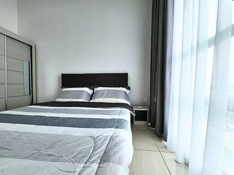 Bedroom features: king-size bed with grey and white bedding, upholstered headboard, floor-to-ceiling windows, sheer curtains, grey accent wall, built-in wardrobe with sliding doors, nightstand, tile flooring; style: modern; view: city.