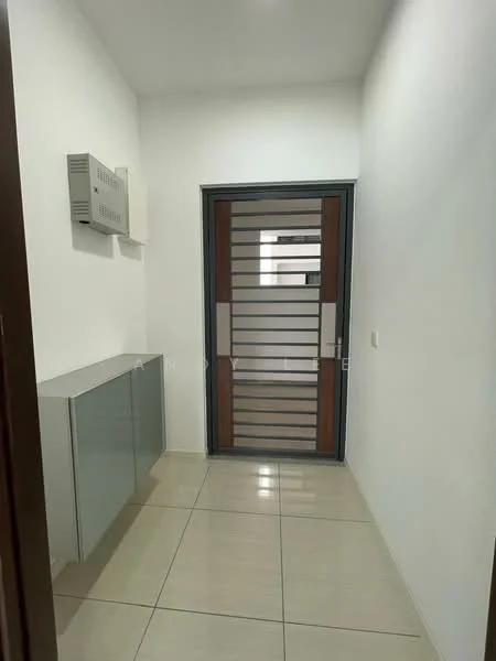 Room features: white painted walls, glossy tile flooring, glass-panel door with metal frame, built-in cabinet, intercom system, strip lighting, neutral color scheme; style: modern.