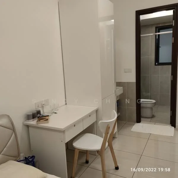 Room features: white painted walls, tile flooring, built-in wardrobe, desk with chair, window with natural light, bathroom door, toilet visible through bathroom door, sink visible through bathroom door; style: modern.