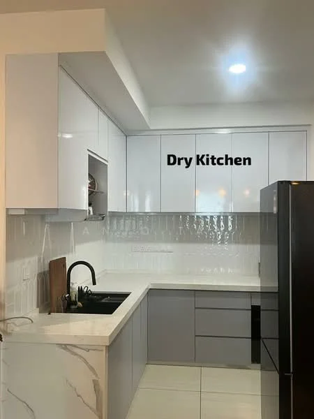 Kitchen features: white cabinetry, grey lower cabinets, marble countertop, single-bowl black sink, chrome pull-down faucet, white tiled backsplash, built-in oven, black refrigerator, recessed LED downlights, tile flooring; style: modern.