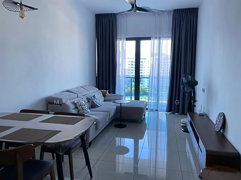 Living features: 3-seater fabric sofa in light grey, coffee table, TV console, wall-mounted TV, area rug, floor-to-ceiling windows, curtains, ceiling fan, polished tile flooring, decorative wall clock, side table; style: modern; view: garden.