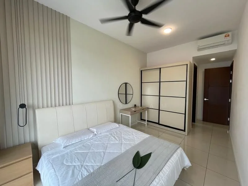 Bedroom features: queen-size bed with upholstered headboard, white bedding, 2 bedside tables, 1 wall-mounted lamp, built-in wardrobe with sliding doors, ceiling fan, wall-mounted mirror, air conditioning unit, cream painted walls, tile flooring; style: modern.