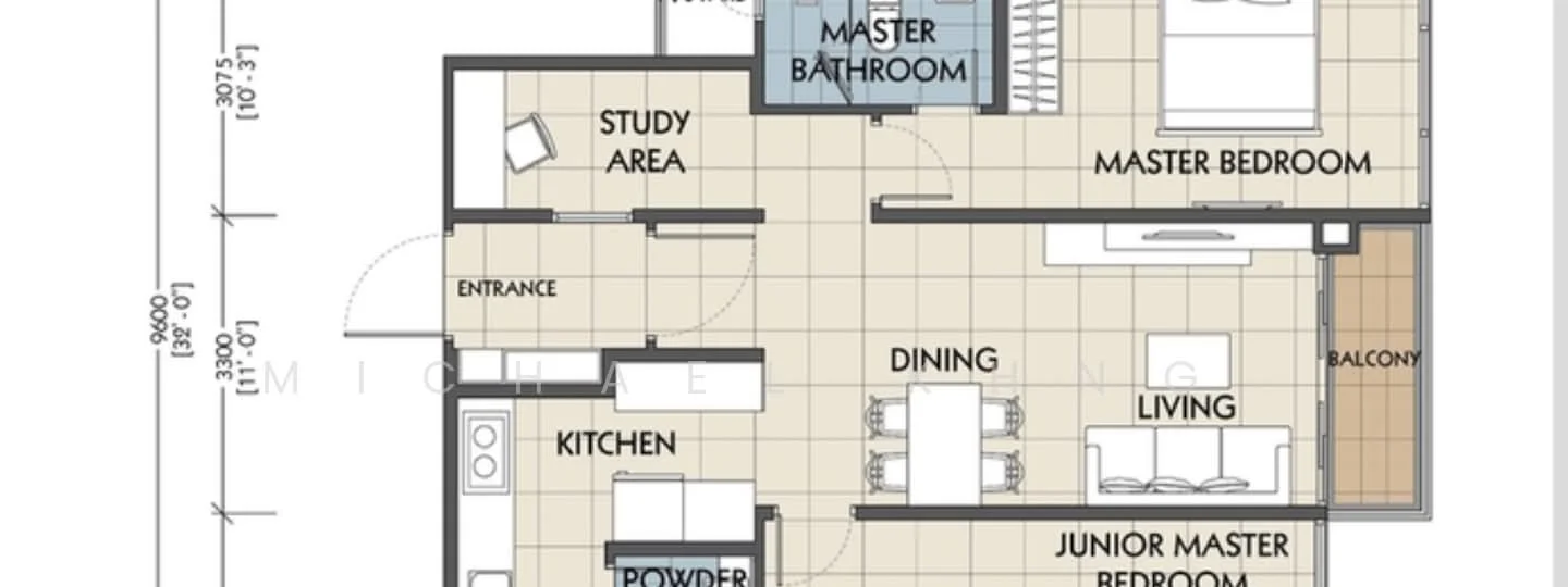 Floor plan: 3-bedroom 2-bathroom unit; features: open-plan kitchen-dining-living, master bedroom with ensuite bathroom, junior master bedroom, study area, balcony off living room, powder room, entrance area.