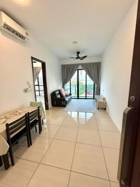 Living features: white painted walls, glossy ceramic tile flooring, 5-blade ceiling fan with light, floor-to-ceiling sliding glass door, sheer curtains, black leather sofa, wooden coffee table, TV console, dining table with 4 chairs, air conditioning unit; style: modern; view: garden.