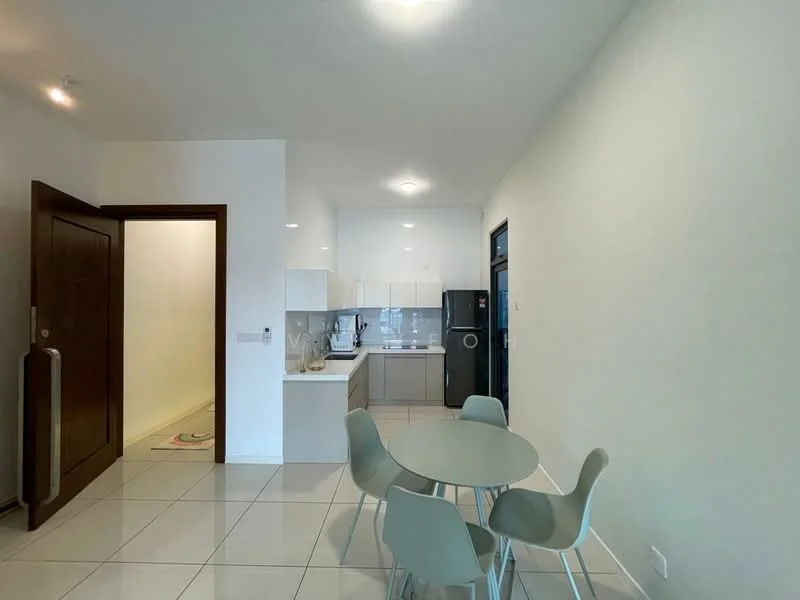 Kitchen features: white cabinetry, stainless-steel appliances, grey countertop, single-bowl stainless-steel sink, chrome pull-down faucet, built-in oven, freestanding fridge, ceramic tile flooring, recessed downlights, open shelving, dining table with four chairs; style: modern. Room features: white painted walls, doorway leading to hallway, light switch.