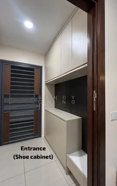 Room features: shoe cabinet, light-colored cabinetry, flat-panel cabinet doors, wall-mounted storage, neutral wall color, tile flooring, metal security door, modern design; style: modern.