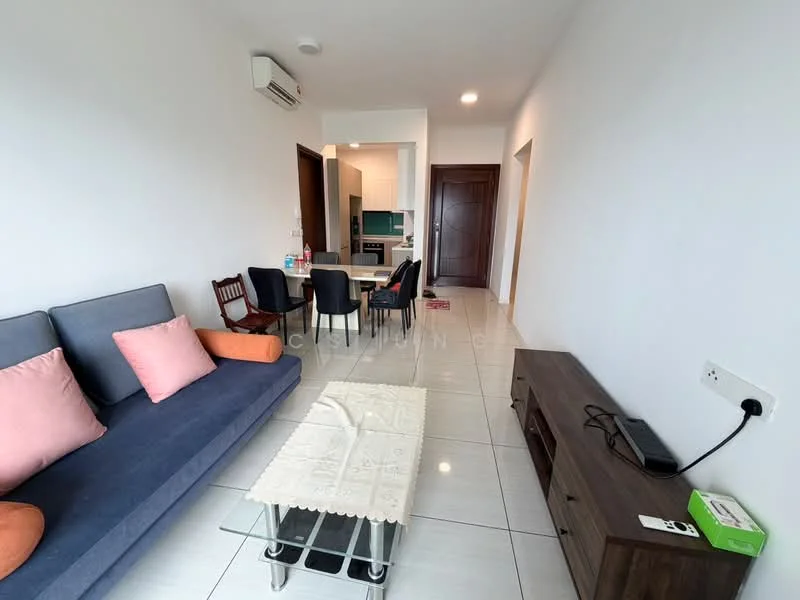 Living features: 3-seater fabric sofa in navy blue, 2 pink throw pillows, glass coffee table with lace tablecloth, TV console in dark wood, wall-mounted TV, white painted walls, tile flooring, air conditioning unit, recessed ceiling lights, dining area visible in background, open layout; style: modern.