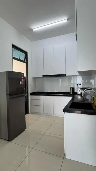 Kitchen features: white cabinetry, black countertop, stainless-steel sink, chrome pull-down faucet, built-in oven, stainless-steel fridge, ceramic tile flooring, recessed LED downlights, glass backsplash, open shelving, kettle, toaster; style: modern.