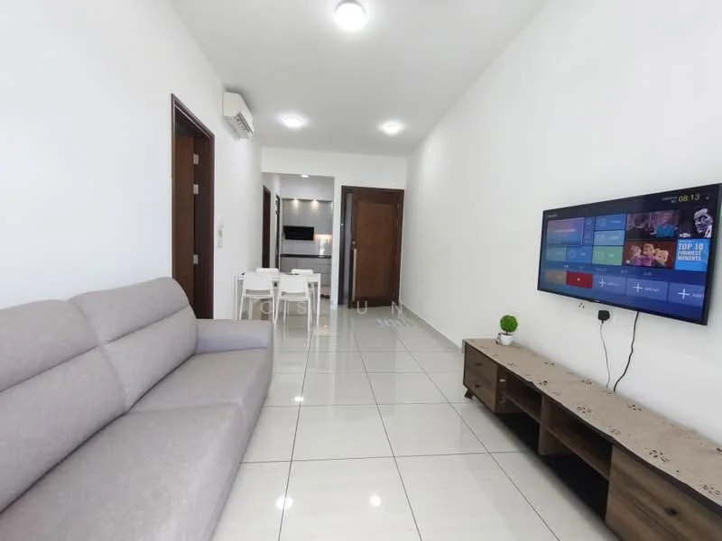 Living features: light grey fabric sofa, wall-mounted flat-screen TV, wooden TV console, white tiled flooring, white painted walls, recessed ceiling lights, air conditioning unit, decorative plant on console; style: modern. Room features: dining table for four, open layout to kitchen, doorway leading to kitchen.
