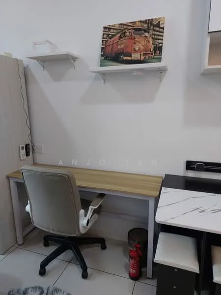 Study features: wooden desk with light wood finish, ergonomic office chair with wheels, white wall-mounted shelf, framed artwork on wall, fire extinguisher, white cabinetry with marble countertop, tiled flooring; style: modern.