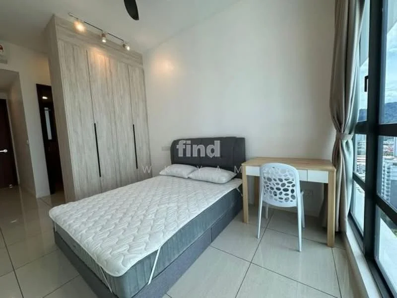 Bedroom features: queen-size bed, upholstered headboard, wooden study desk, white plastic chair, built-in wardrobe with wood finish, floor-to-ceiling window, grey bed frame, white bedding, tile flooring, ceiling fan; style: modern; view: city.