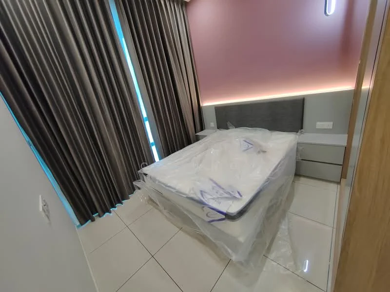 Bedroom features: queen-size bed with mattress covered in plastic, grey upholstered headboard, nightstand with drawer, white walls, pink accent wall, floor-to-ceiling curtains in grey, recessed LED lighting, glossy tile flooring; style: modern.