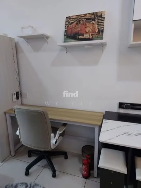 Study features: wooden desk with light wood finish, ergonomic office chair in grey, white wall-mounted shelf, decorative artwork on shelf, fire extinguisher, white cabinetry with marble countertop, tiled flooring, white painted walls; style: modern.