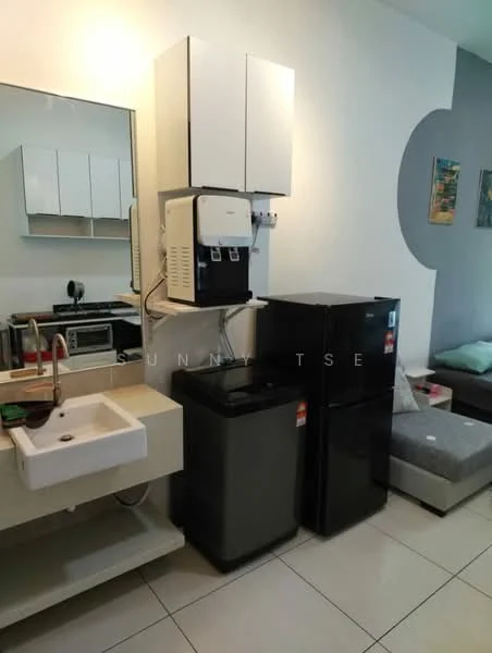 Kitchen features: single-bowl sink, chrome faucet, white cabinetry, built-in microwave, stainless-steel water dispenser, black fridge, small black fridge, white countertop, ceramic tile flooring, wall-mounted mirror, decorative wall art; style: modern.