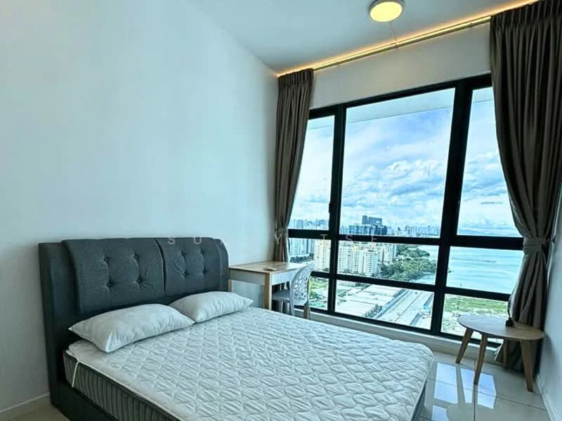 Bedroom features: king-size bed, upholstered headboard, 2 bedside tables, floor-to-ceiling windows, city view, grey curtains, white painted walls, recessed downlights, tile flooring; style: modern; view: city.