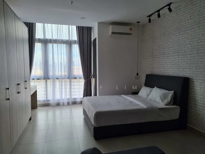 Bedroom features: king-size bed, upholstered headboard, white bedding, built-in wardrobe with sliding doors, floor-to-ceiling windows, grey curtains, exposed brick accent wall, recessed downlights, wall-mounted air conditioning unit, light fixture with pendant design, tile flooring; style: modern; view: city.