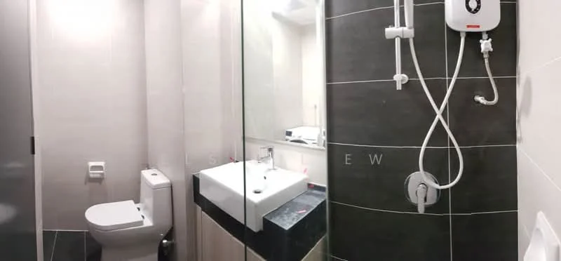 Bathroom features: white ceramic toilet, single-sink vanity with black countertop, chrome basin mixer faucet, glass shower enclosure, handheld shower, wall-mounted shower unit, grey tiled walls, black tiled flooring, mirror above sink, built-in shelving, recessed lighting; style: modern.