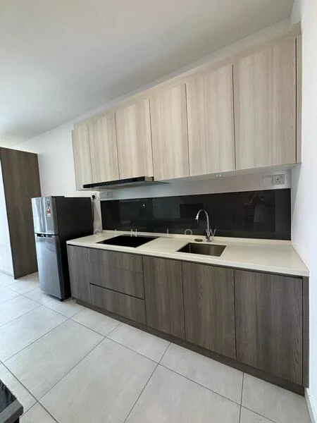 Kitchen features: light wood cabinetry, dark wood lower cabinets, white countertop, double-bowl stainless-steel sink, chrome pull-down faucet, black glass backsplash, built-in oven, stainless-steel fridge, ceramic tile flooring, recessed downlights; style: modern.