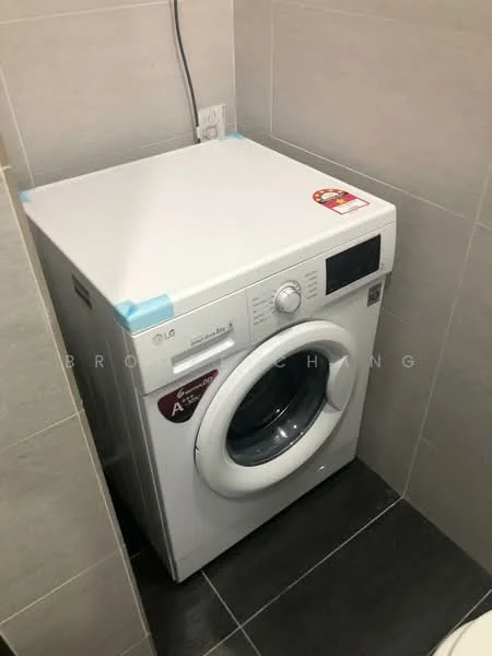 Laundry features: front-load washing machine in white, grey tiled walls, dark grey tile flooring, power outlet, water supply connection; style: modern.