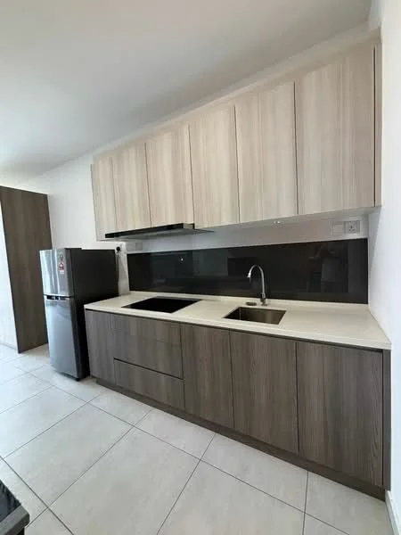 Kitchen features: brown wooden cabinetry, white countertop, double-bowl stainless-steel sink, chrome pull-down faucet, black backsplash, built-in refrigerator, ceramic tile flooring, under-cabinet lighting; style: modern.