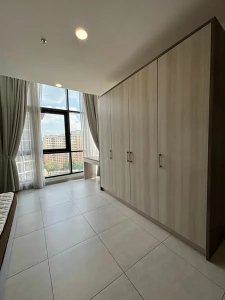 Bedroom features: floor-to-ceiling windows, grey curtains, built-in wardrobe with wood finish, white tiled flooring, desk area, natural light from window, view of city skyline; style: modern; view: city.