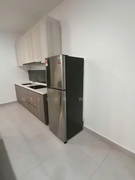 Kitchen features: stainless-steel fridge, single-bowl stainless-steel sink, chrome pull-down faucet, laminate cabinetry in light wood, grey laminate countertop, ceramic tile flooring, white painted walls, recessed downlights; style: modern.