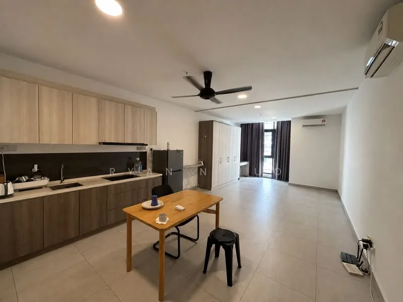 Kitchen features: wood cabinetry, black countertop, stainless-steel sink, chrome pull-down faucet, built-in oven, freestanding fridge, 4-burner gas hob, exhaust hood, tile flooring, recessed downlights, ceiling fan; style: modern. Living features: dining table with 4 chairs, black stool, wall-mounted air conditioning unit, floor-to-ceiling windows, curtains, tile flooring, neutral wall color; style: modern.