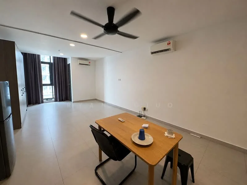 Living features: light grey tiled flooring, white painted walls, 5-blade ceiling fan with light, 2 wall-mounted split AC units, large window with city view, dining table with wooden surface, 2 black dining chairs, minimalist decor, no visible artwork or decorations; style: modern; view: city.