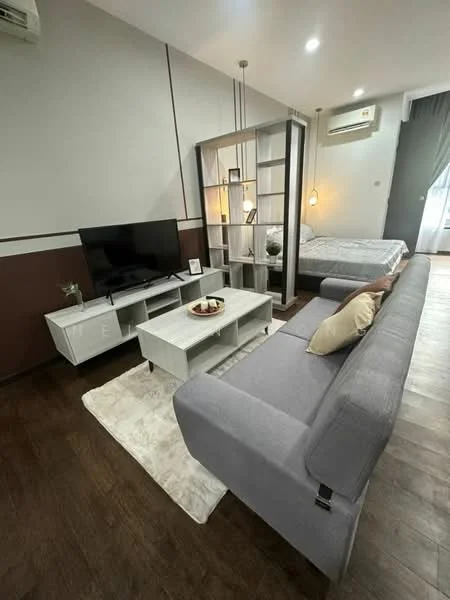 Living features: grey fabric sofa, coffee table, TV console, wall-mounted TV, wooden flooring, recessed downlights, decorative wall shelf, area rug, air conditioning unit, curtains, partition shelf, bed with bedding; style: modern.