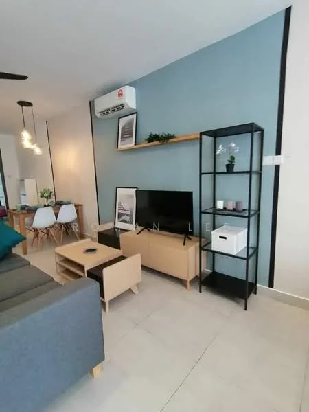 Living features: grey fabric sofa, wooden coffee table, TV console, wall-mounted TV, black metal shelving unit, decorative items on shelves, light-colored tiled flooring, air conditioning unit, wall art, blue accent wall, pendant lighting; style: modern.