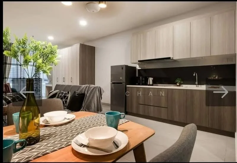 Kitchen features: grey cabinetry, white countertop, stainless-steel sink, chrome pull-down faucet, built-in oven, stainless-steel fridge, ceramic tile flooring, recessed downlights, open shelving, dining table with four chairs, decorative plant in vase, table setting with plates and mugs; style: modern.