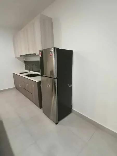 Kitchen features: stainless-steel fridge, single-bowl stainless-steel sink, chrome pull-down faucet, laminate cabinetry in light wood, laminate cabinetry in dark wood, grey tiled flooring, white painted walls, wall-mounted cabinets, countertop, kitchen backsplash; style: modern.