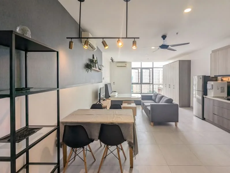 Living features: grey fabric sofa, coffee table, wall-mounted TV, ceiling fan with light, recessed downlights, floor-to-ceiling windows, light wood cabinetry, stainless-steel fridge, built-in oven, dining table with grey tablecloth, black dining chairs, open shelving unit, light grey tiled flooring, air conditioning unit; style: modern; view: city.