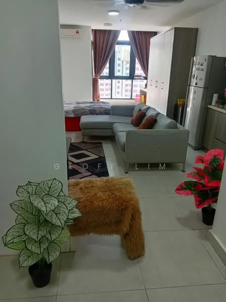 Living features: grey fabric sectional sofa, coffee table, floor-to-ceiling windows, curtains in brown, wall-mounted air conditioning unit, light-colored tiled flooring, decorative houseplants, recessed ceiling lights; style: modern; view: city. Room features: light-colored walls, wooden cabinetry, refrigerator, kitchen countertop, open layout.