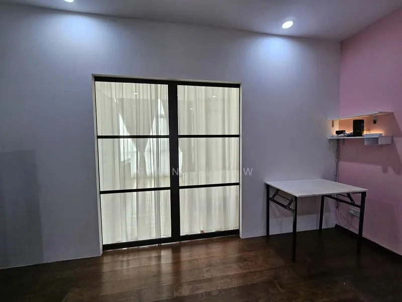 Room features: floor-to-ceiling windows, sheer curtains, wooden flooring, pink accent wall, white painted walls, recessed LED downlights, table, wall-mounted shelf; style: modern.
