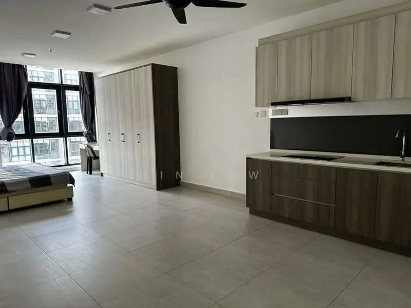 Living features: grey tiled flooring, white walls, ceiling fan, floor-to-ceiling windows, blackout curtains, built-in wardrobe with sliding doors, kitchenette with dark wood cabinetry, white countertop, single-bowl stainless-steel sink, chrome pull-down faucet, built-in stove, recessed downlights; style: modern; view: city.