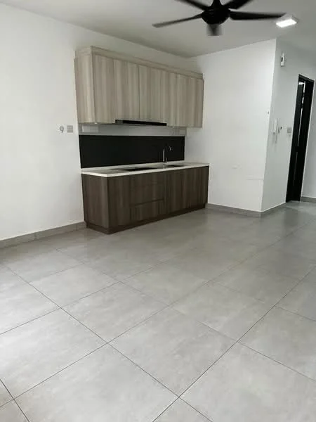 Kitchen features: grey tile flooring, white painted walls, wooden cabinetry in light brown, dark countertop, single-bowl stainless-steel sink, chrome pull-down faucet, built-in kitchen hood, recessed downlights, ceiling fan, open layout; style: modern.